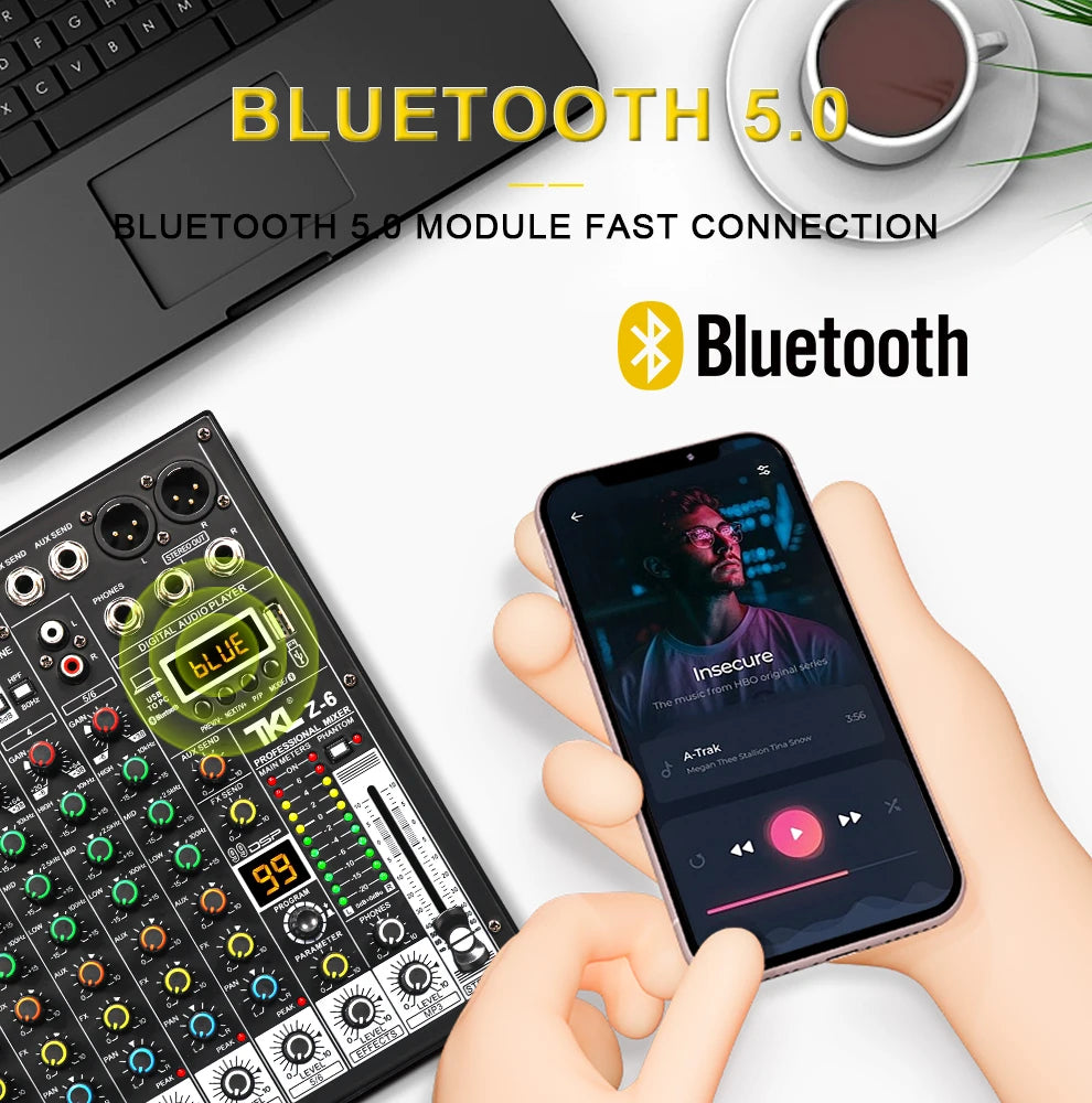 TKLBLS Professional 6-Channel 99DSP Audio Mixer 48V Phantom Power USB Studio Karaoke Bluetooth DJ Console Mixer