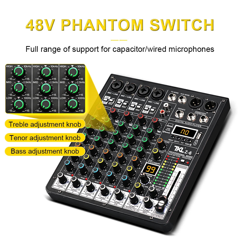 TKLBLS Professional 6-Channel 99DSP Audio Mixer 48V Phantom Power USB Studio Karaoke Bluetooth DJ Console Mixer