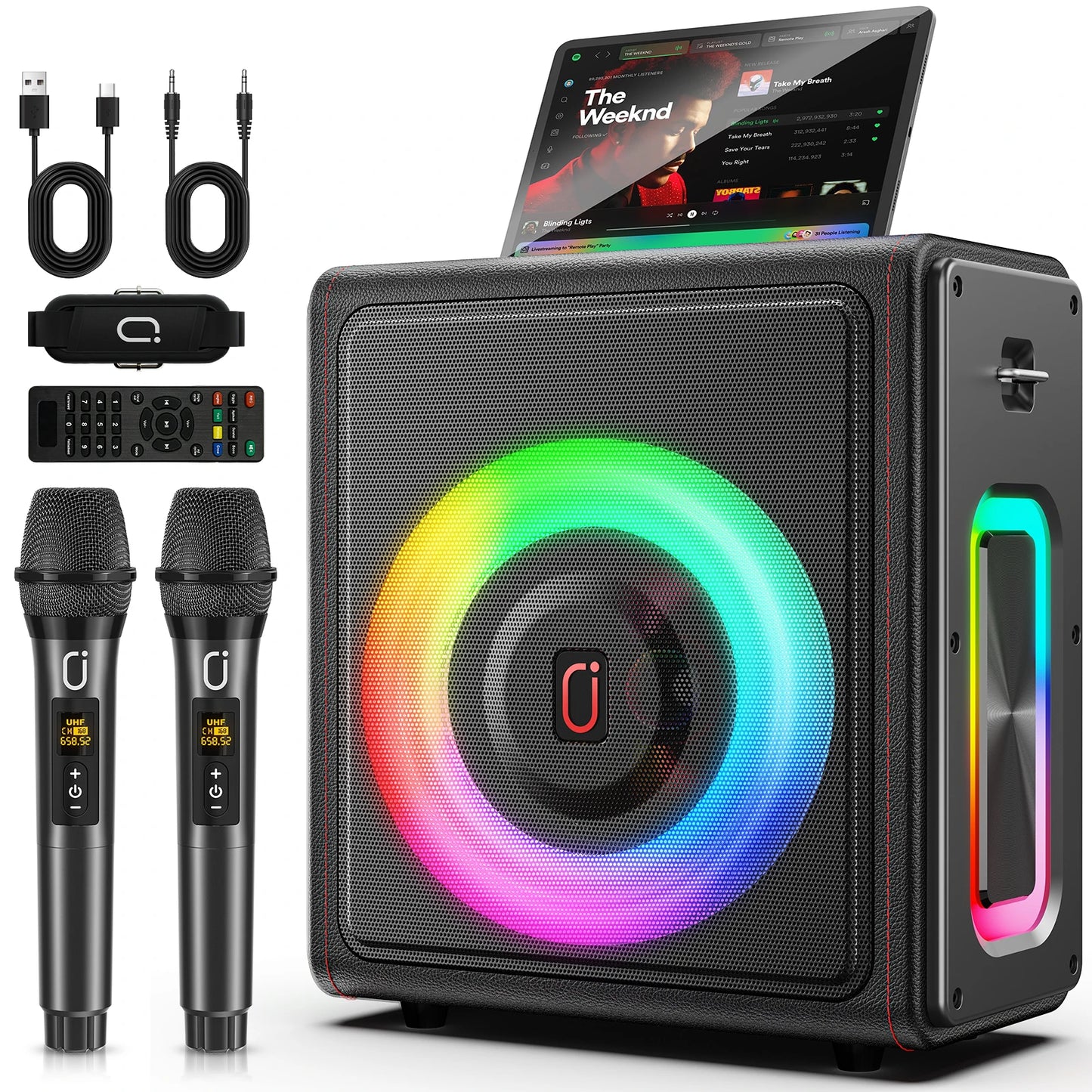 Karaoke Machine, Portable Bluetooth 5.3 Speaker with 2 Wireless Microphones for Adults, Supports TWS/TF Card/USB/AUX/Live